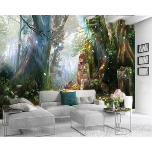 3d Home Wallpaper Fantasy Forest Girl and Squirrel Indoor TV Background Wall Decoration Mural Wallpaper