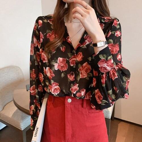 Blusas Femininas Shirts 2020 Korean Fashion Clothing Chiffon Shirts for Women Plus Size Tops Floral V-Neck Lantern Sleeve 0659