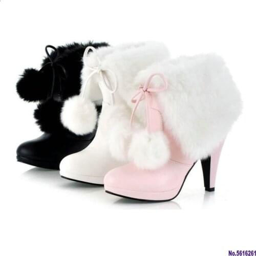 Winter high heels ankle boots for women fashion faux fur platform short boots keep warm lace up shoes ladies black white pink