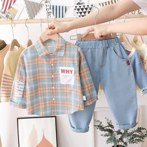 Childrens autumn fashion clothing Korean style boy long-sleeved shirt casual set girl spring sports plaid cotton party sets