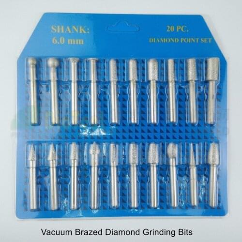 DIATOOL 20pcs/set 46# Diamond Brazed Burrs Grinding Head For Engraver Engraving Bits Single Blister Pack Stone Concrete Ceramic