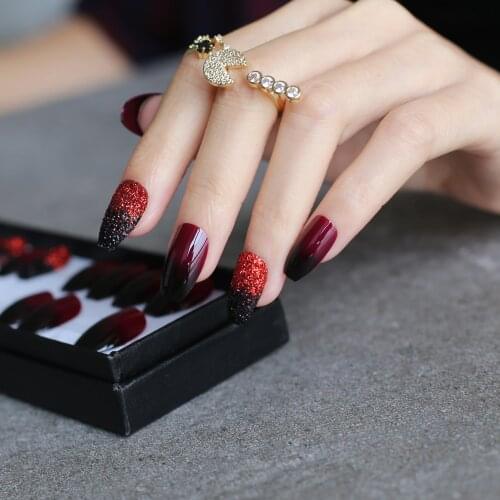 Handmade Flash Gradient Glitter False Nail Shiny Coffin Nail Black Box Packaging Blue Red Black Multicolor Selection