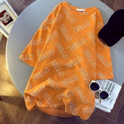 Womens Fashion Brand 100% Cotton Tees Vintage Printed Letter Long T-shirt Korean Summer Short-Sleeved Loose Thin Bottoming Tops