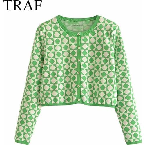 TRAF ZA Cardigan Autumn Fashion Knitted Slim Fit Chic Geometry Sweater Woman Clothes Long Sleeve Button-Up Casual Ladies Sweater