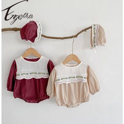 Engepapa 2021 New Fashion Infant Baby Girl Embroidered Flower Long Sleeves Romper Sweet Lace Jumpsuit Toddler Baby Girl Clothes