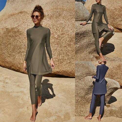 Solid color long sleeve pants all around swimsuit conservative beach surfing sun protection swimsuit Muslim swimsuit two piece