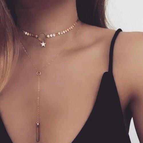 Gold Color Sequins Long Tassel Star Necklace Shiny Jewelry Fashion Neck Collar Double Layer Accessories Women Necklaces J2340