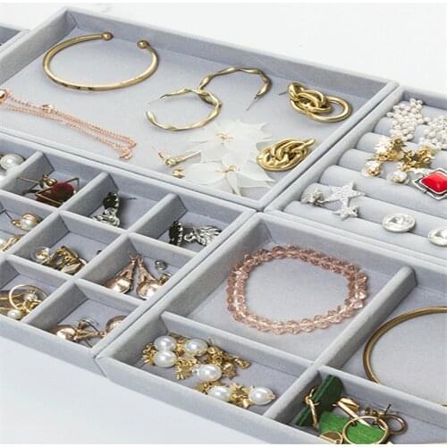 Thick Velvet Jewelry Storage Tray Necklace Ring Bracelet Holder Display Stand Drawer Gray Jewelry Organizer Case Storage Box