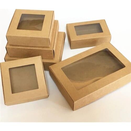 10pcs Window Gift Box Kraft Paper Box Transparent PVC Window Soap Boxes Jewelry Gift Packaging Box Wedding Favors Candy Box