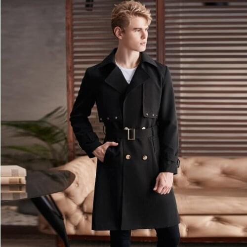 Mens trench coats man Double breasted long coat men clothes Large lapel solid color belt winter autumn overcoat long sleeve