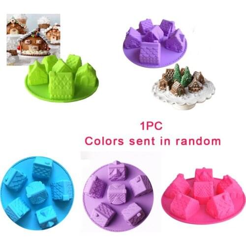 6 Holes Bakeware 3D Houses Gingerbread Cookies Cake Mold Silicone Baking Christmas Chocolate Decorating Tool Random Color