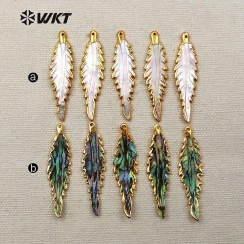 WT-P1090 Wholesale High Quality Carved Shell Pendant With 24k Gold dipped, Unique Leaf Design grey Shell Pendants