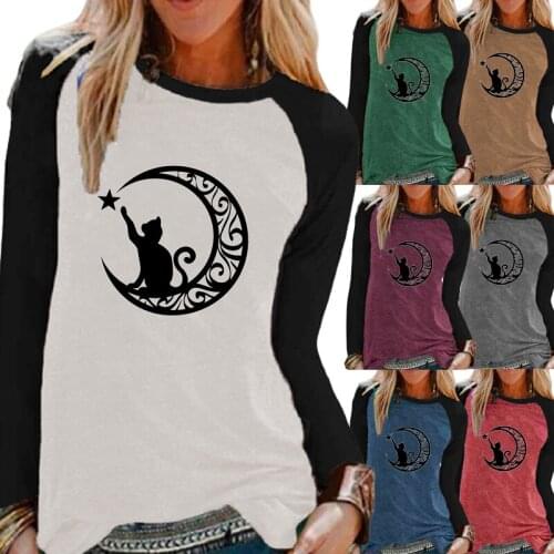 Ladies Autumn Fashion Casual Long Sleeve Shirt Clothing Round Neck Loose Cats Print Color Block Plus Size Womens T-shirt