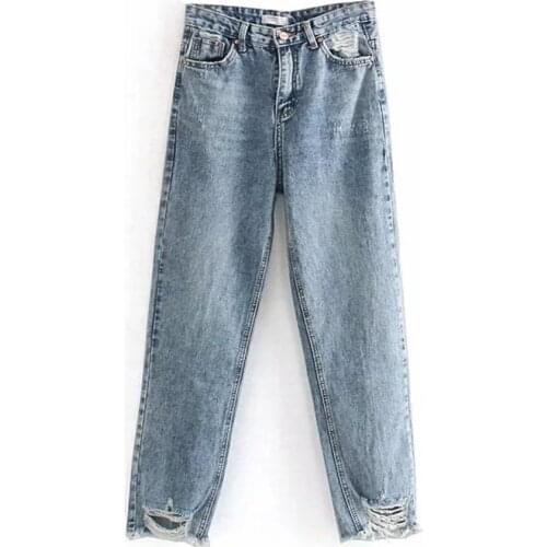 2021 women Pantalon frayed Jeans loose Ankle-Length High waist Ripped denim pants pocket casual Hole Straight Cylinder Trousers