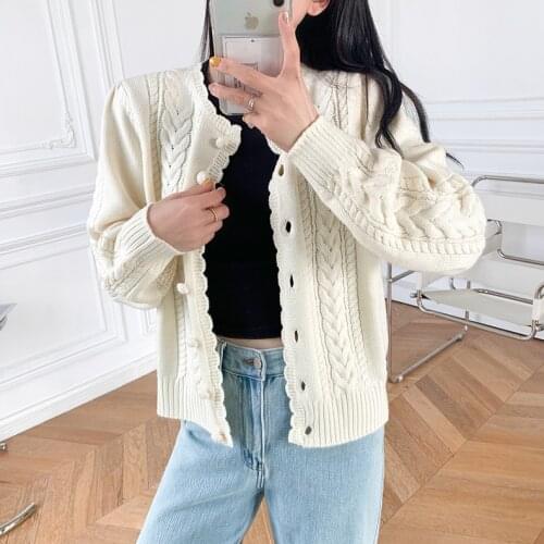 Women Sweater 2021 Autumn and Winter New Knitted Cardigan Puff Sleeve Cable Short Sweater Blouse