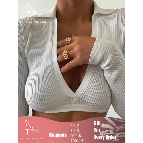 Women Sexy White Slim Knit Top Deep V Turndown Collar Hollow Out Lace Up Long Sleeve Short Cropped Tops Fashion Casual Tops 2021