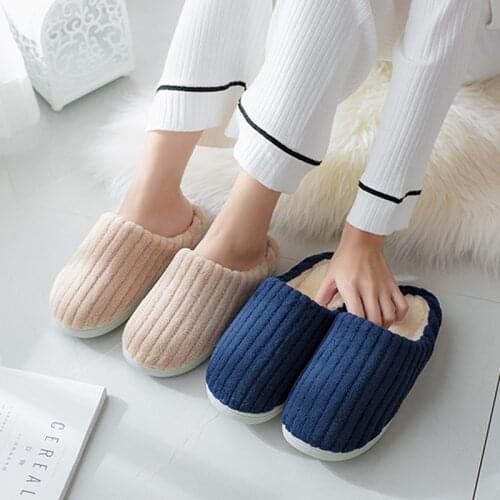 Winter home warm cotton slippers couple flat heel shallow mouth stripe Baotou wool slippers coarse coral velvet slippers