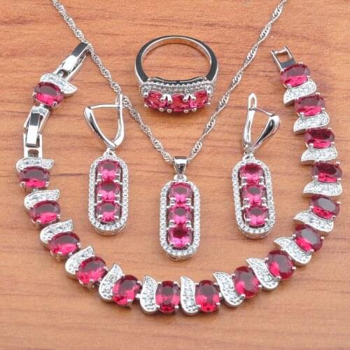 2020 New Bridal jewelry Red Cubic Zirconia Jewelry Sets For Women Silver Color Earrings Pendant Ring Bracelets JS0700