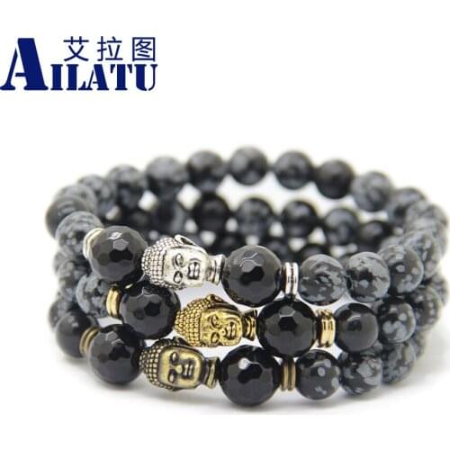 Ailatu Fashion Natural Snowflake Obsidian Buddha Religious Bracelet Lady Pulseras Hombre Bracciali Mens Elastic Bead Jewelry
