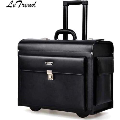Letrend Cow Genuine Leather Rolling Luggage Pilots/captains dedicated flight Trolley Cabin Suitcases Wheels Laptop Travel Bag
