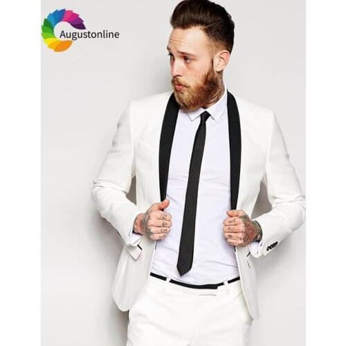 Custom Made White Mens Wedding Suits Groom Tuxedo Black Shawl Lapel Jacket Pants 2Piece Slim Fit Blazer Masculino Costume Homme