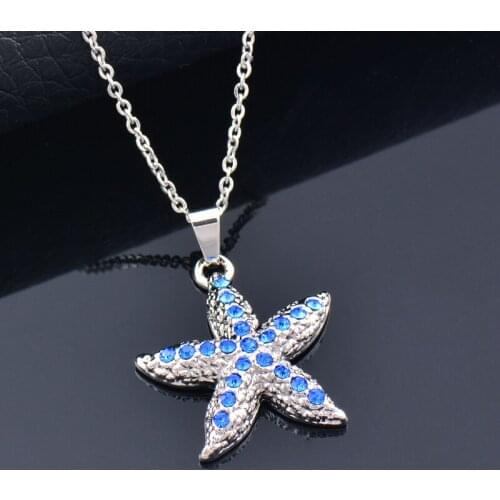 KIOOZOL Shiny Blue Silver Color Rhinestone Starfish Pendant Choker Necklace For Women Wedding Party Jewelry Accessories 716 KO2