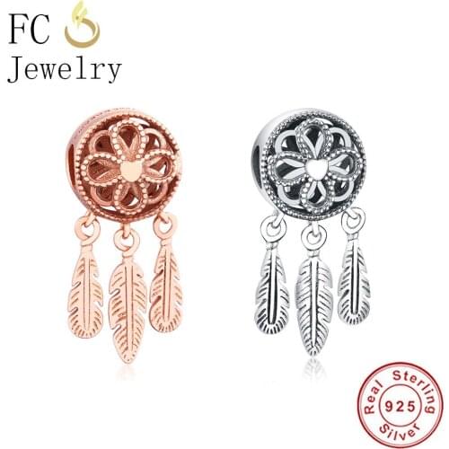 FC Jewelry Fit Original Brand Charm Bracelet 100% 925 Silver Rose Gold Dream Catcher Spirit Feather Bead Making Women Berloque