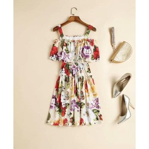 And American womens European dress 2021 summer new styles Condole belt Print of hydrangea with ruffled collar dress