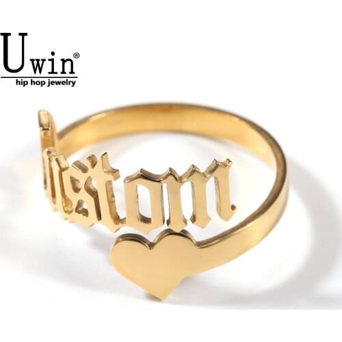 Uwin Custom Name Rings Stainless Steel Plate Ring Hiphop Band 2 Type Personalized Letters Adjustable Rings Rapper Style Jewelry
