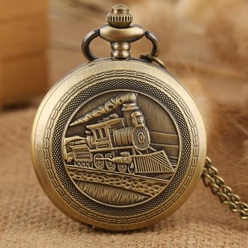 Antique Retro Locomotive Train Pattern Quartz Pocket Watch Bronze Steampunk Necklace Pendant Chain Art Collectible Unisex Gifts