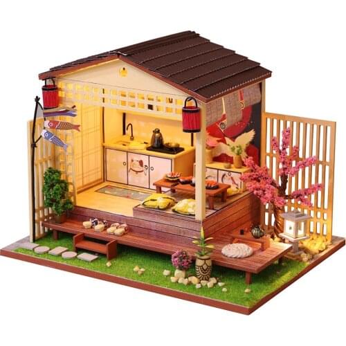 New DIY Dollhouse Kit Assembled Cherry Blossoms House Japanese Style Cabin For Christmas Birthday Valentines Day Gift