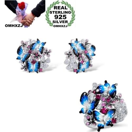 OMHXZJ Wholesale JE46 Fashion Woman Party Birthday Wedding Gift Butterfly 925 Sterling Silver Necklace+Earrings+Ring Jewelry Set