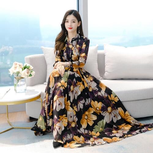 2021 Autumn Korean Long Sleeve Chiffon Dress Floral Over The Knee Long Dress Temperament Popular Large Size Print Clothes zh1647