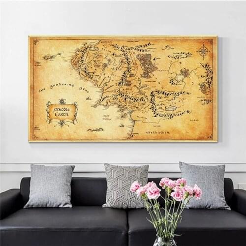Movie Poster Middle-earth Movie Map Canvas Painting Posters and Prints Retro Style Wall Art Living Room Cuadros Frameless