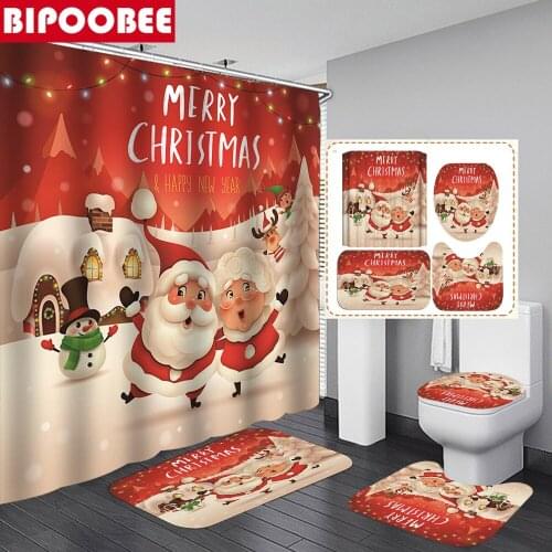 Merry Christmas Bathroom Shower Curtain Santa Claus Snowman Print Bath Mat Pedestal Rugs Toilet Lid Cover Xmas Festival Decor