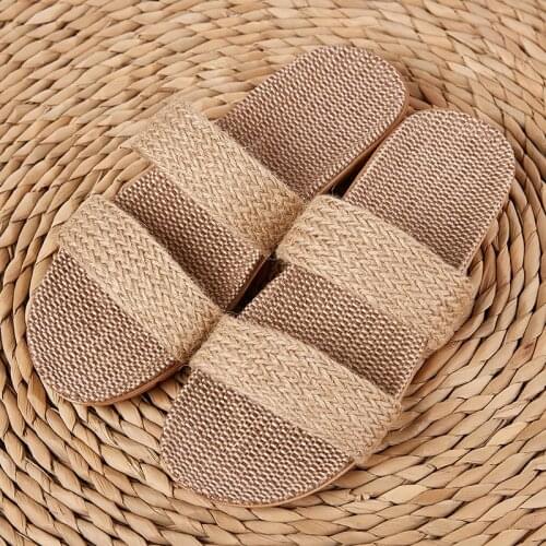 Home Flax Slides Summer Flat Shoes Women House Floor Slippers Breathable Lovers Bedroom Shoes Women Indoor Slippers