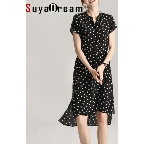 SuyaDream Women Dots Dress 100%Silk Crepe Bat Short Sleeved Belted Knee length Silk Printed Dresses 2020 Spring Summer New