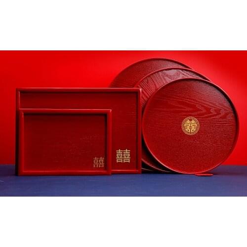 Chinese tradition wedding red wooden tray round square wood candy fruit plate marriage use