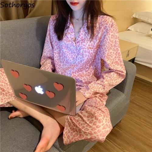 Cozy Pajama Sets Women Heart Printed Long Sleeve Tops Loose Full Length Pants Ulzzang Breathable Sleepwear Females Lounge Casual