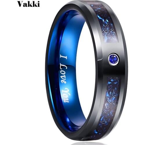 VAKKI Mens 6mm Blue Carbon Fiber Black Tungsten Carbide Ring Comfort Fit Wedding Band Rings for Men