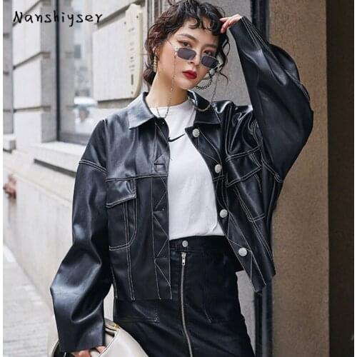 2021 Autumn Women Batwing Sleeve Short Leather Biker Jacket Plus Size Loose Big Pocket Faux PU Leather Coat Female Streetwear