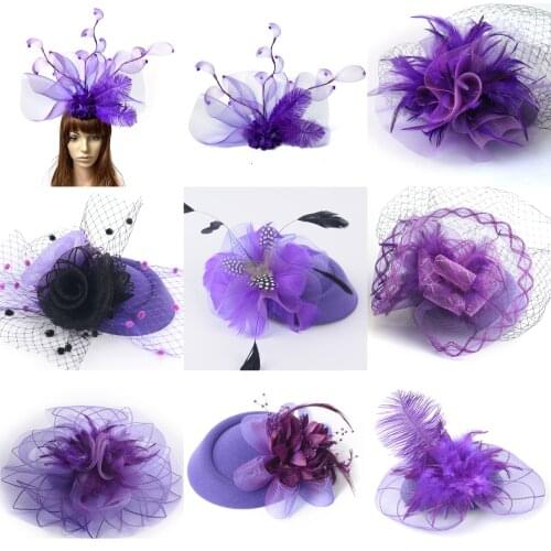 8design Women Purple Pillbox Hat Veil Feathers Flower Burlesque Millinery Party Fascinator Hair Pins Clip Accessory