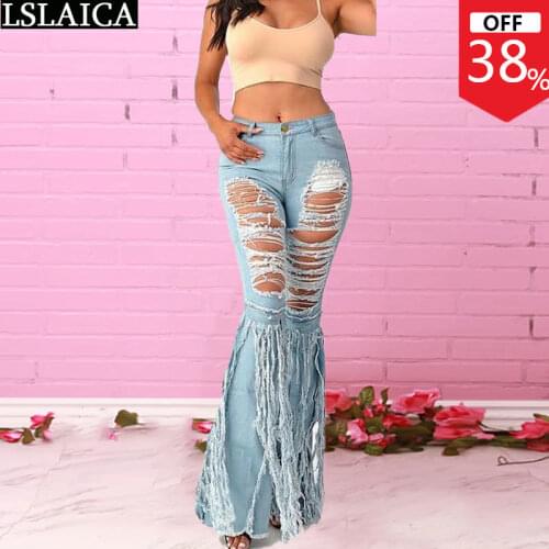 Women Jeans Pants Big Tassel with Broken Hole Trousers Women Casual Placket with Zipper Pocket Fashion New Arrival Pantalones