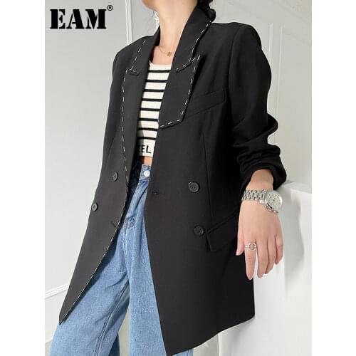 [EAM] Women Black Big Size Line Spliced Blazer New Lapel Long Sleeve Loose Fit Jacket Fashion Tide Spring Autumn 2021 1DE2617