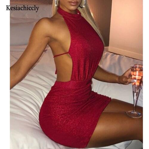 Kesiachiccly Sparkle Glitter Dress Women Sexy Halter Party Nightclub Bodycon Dress Summer Strapless Backless Mini Dress Vestidos