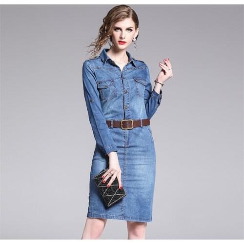 2020 Robe Jeans Dress Women Long Sleeve Button Pocket Rivet Vintage Denim Dresses Spring Autumn Slim Bodycon Dress Robe Femme