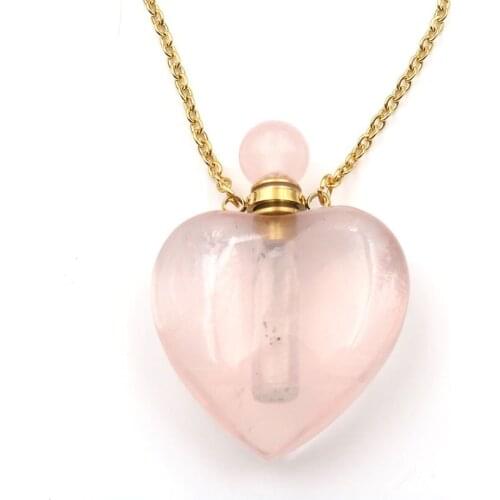 Gold Color Romantic Love Heart Rose Pink Quartz Perfume Bottle Pendant Rock Crystal Necklace for Valentines Day Jewelry