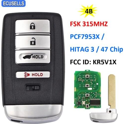 3+1/4 Button FSK 315Mhz Smart Remote Key (SUV) for Acura MDX RDX PCF7953X / HITAG 3 / 47 Chip FCC ID: KR5V1X HON66 Uncut Blade