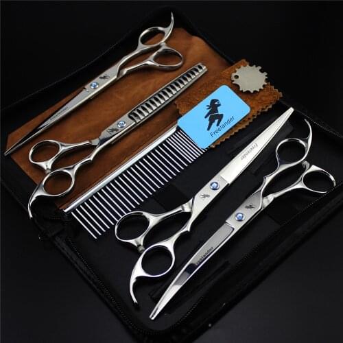 7.0 inch Pet Scissors Dog Grooming Scissors Set Straight & 2 Curved & Thinning Shears Sharp Edge Animals Hair Cutting Tools Kit