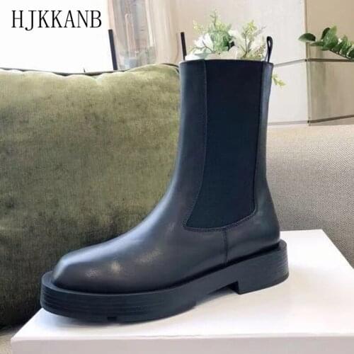 British Simple Style Flat Ankle Boots Women Low Heel Genuine Leather Chelsea Boots Thick Bottom Knight Boots 2021 Autumn Winter